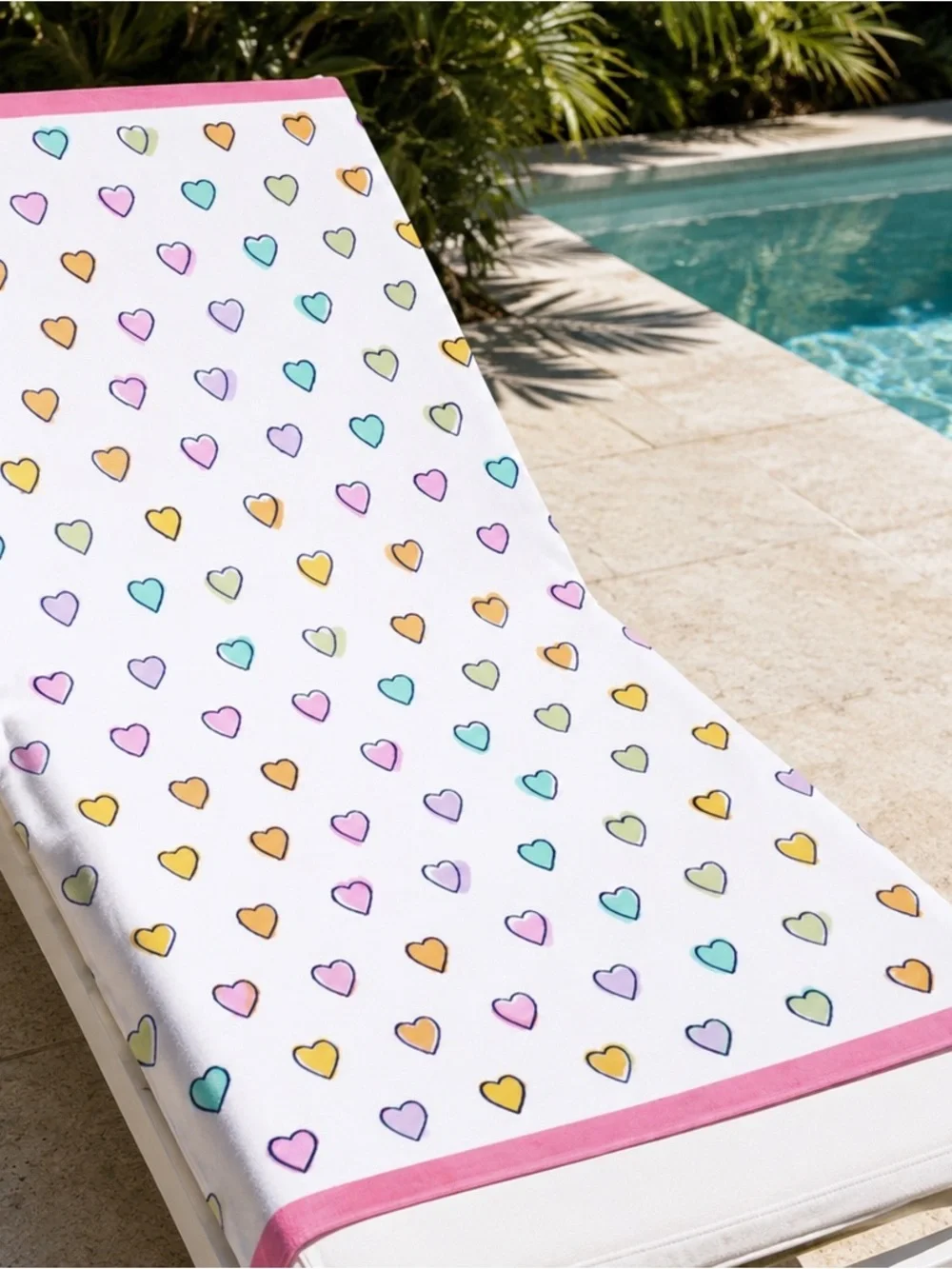 Roller Rabbit White Bath Towel with Multi-Color Heart Print - Pink Trim